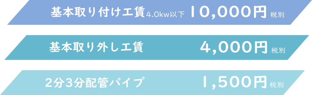 エアコン基本取り付け10000円、基本取り外し5000円。2分3分配管パイプ1500円